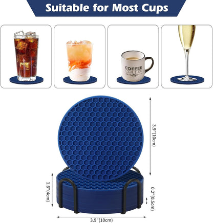 Silicone Coasters Set of 6 with Holder — Non-Slip Drink Coasters for Coffee Table, Home Bar & Kitchen, Protects Wood & Marble Surfaces from Water Rings, Dishwasher Safe (Black)