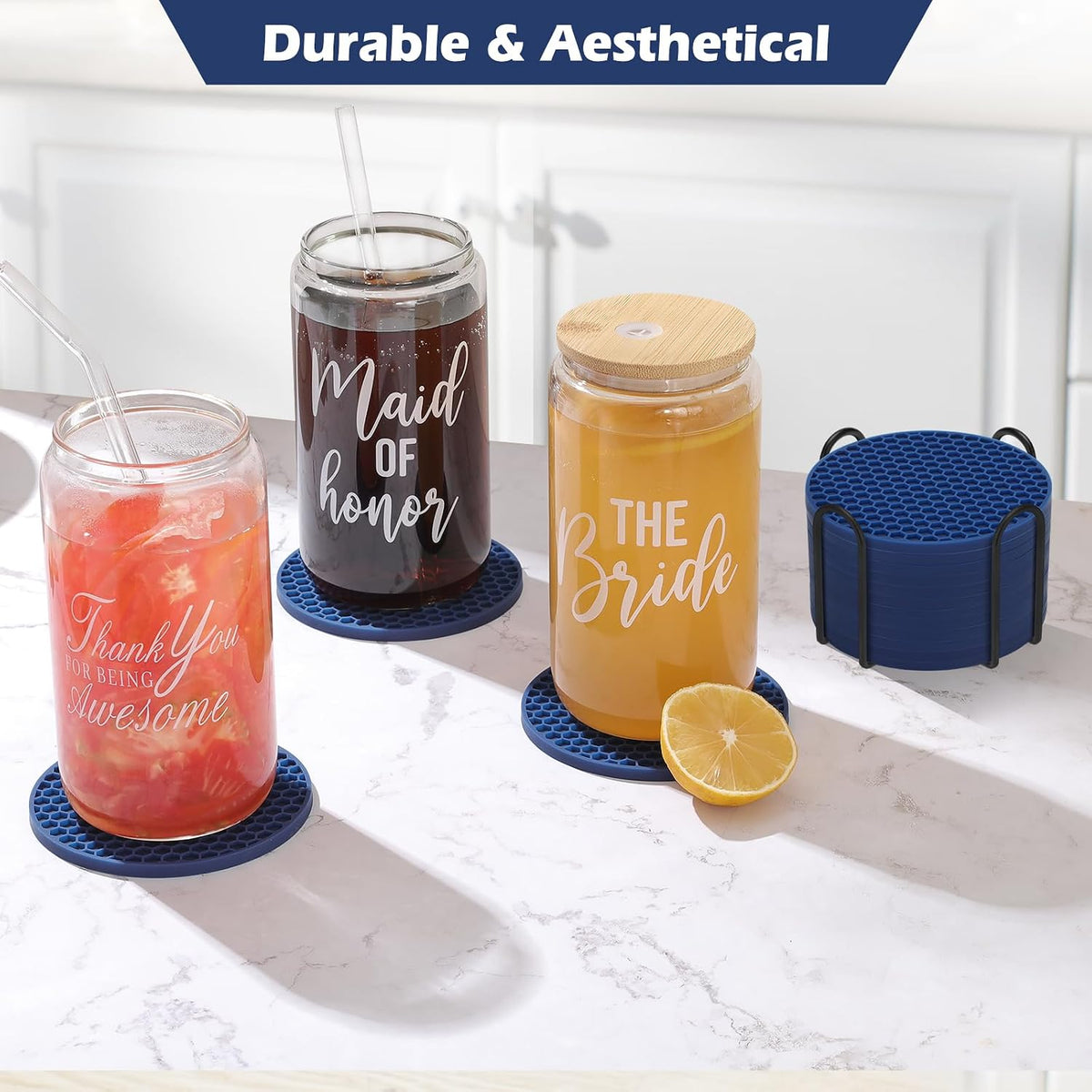 Silicone Coasters Set of 6 with Holder — Non-Slip Drink Coasters for Coffee Table, Home Bar & Kitchen, Protects Wood & Marble Surfaces from Water Rings, Dishwasher Safe (Black)