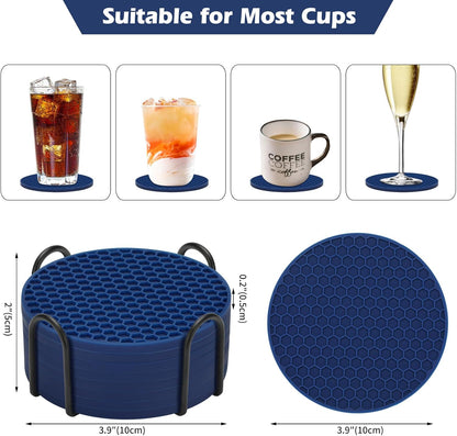 Silicone Coasters Set of 6 with Holder — Non-Slip Drink Coasters for Coffee Table, Home Bar & Kitchen, Protects Wood & Marble Surfaces from Water Rings, Dishwasher Safe (Black)