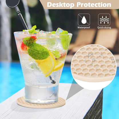 Silicone Coasters Set of 6 with Holder — Non-Slip Drink Coasters for Coffee Table, Home Bar & Kitchen, Protects Wood & Marble Surfaces from Water Rings, Dishwasher Safe (Black)