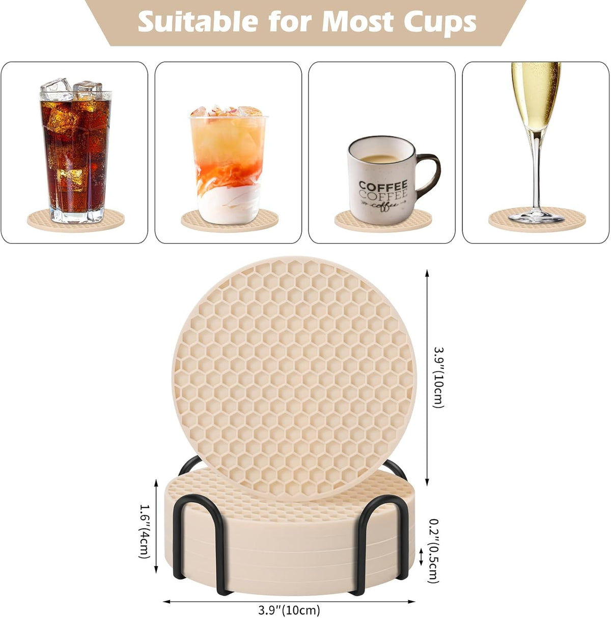 Silicone Coasters Set of 6 with Holder — Non-Slip Drink Coasters for Coffee Table, Home Bar & Kitchen, Protects Wood & Marble Surfaces from Water Rings, Dishwasher Safe (Black)