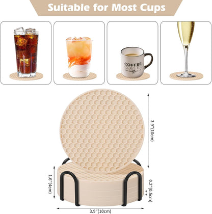 Silicone Coasters Set of 6 with Holder — Non-Slip Drink Coasters for Coffee Table, Home Bar & Kitchen, Protects Wood & Marble Surfaces from Water Rings, Dishwasher Safe (Black)