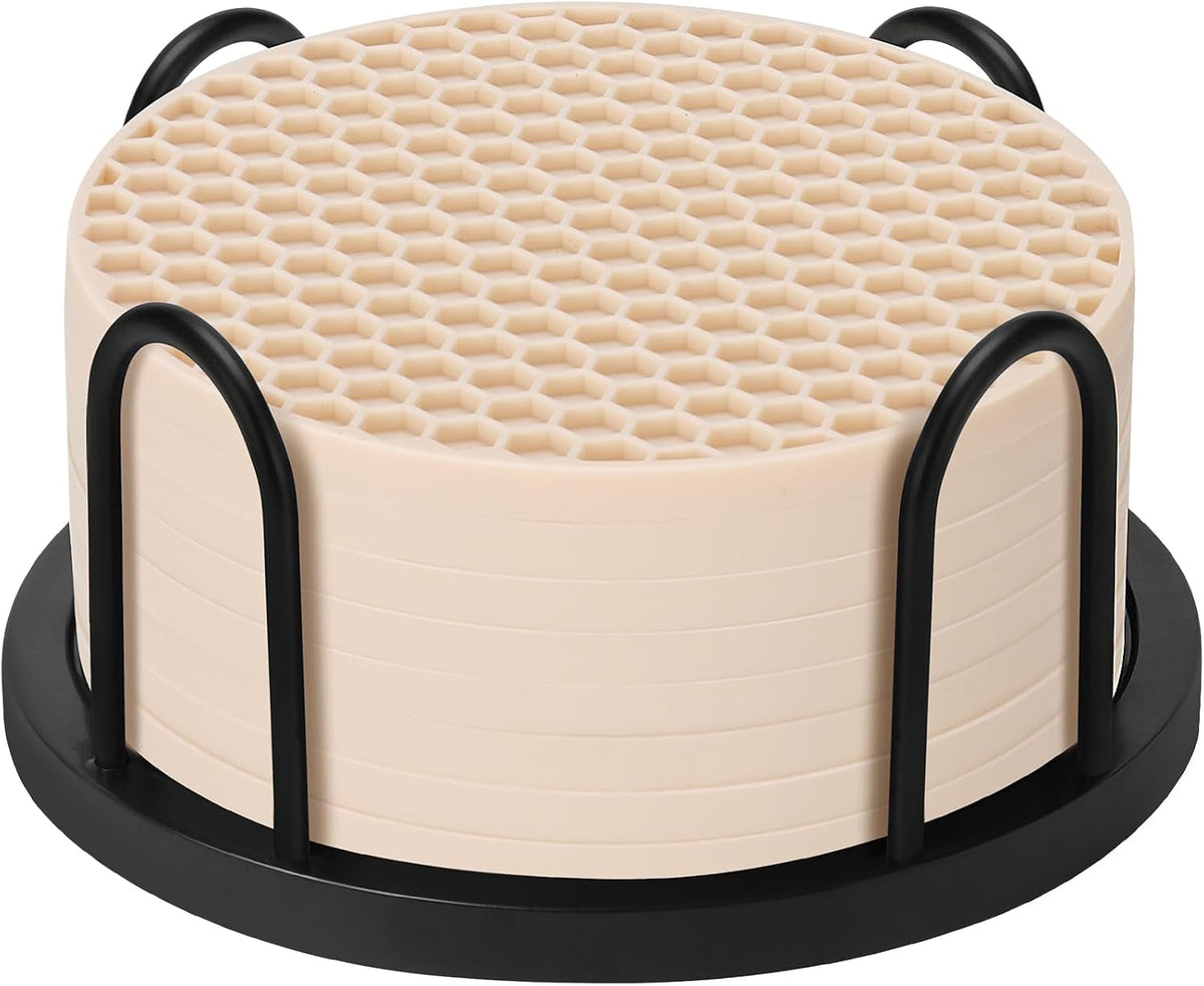 Silicone Coasters Set of 6 with Holder — Non-Slip Drink Coasters for Coffee Table, Home Bar & Kitchen, Protects Wood & Marble Surfaces from Water Rings, Dishwasher Safe (Black)