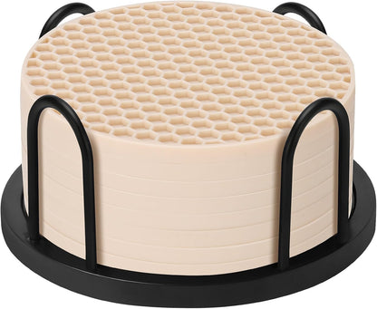 Silicone Coasters Set of 6 with Holder — Non-Slip Drink Coasters for Coffee Table, Home Bar & Kitchen, Protects Wood & Marble Surfaces from Water Rings, Dishwasher Safe (Black)