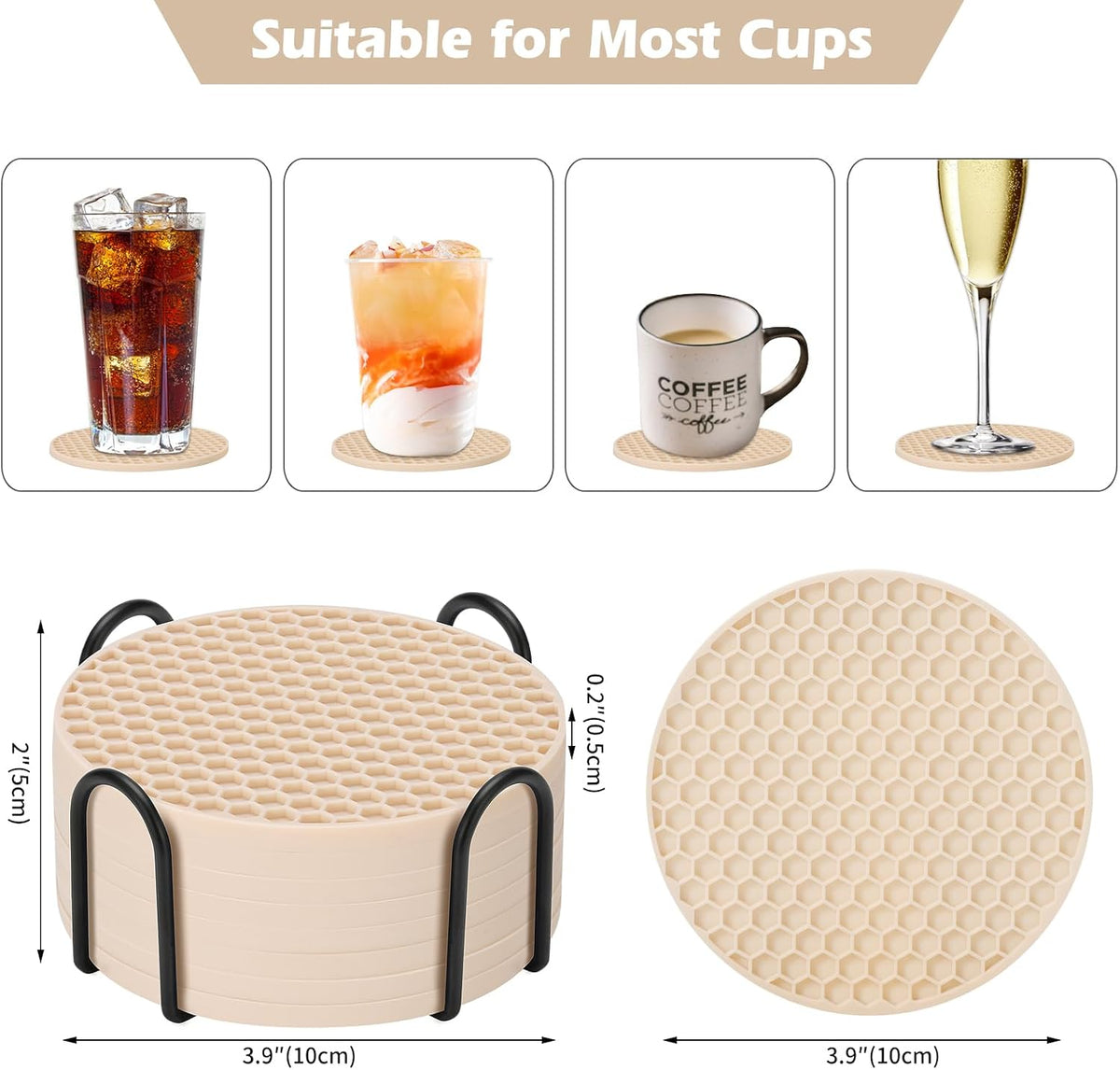 Silicone Coasters Set of 6 with Holder — Non-Slip Drink Coasters for Coffee Table, Home Bar & Kitchen, Protects Wood & Marble Surfaces from Water Rings, Dishwasher Safe (Black)