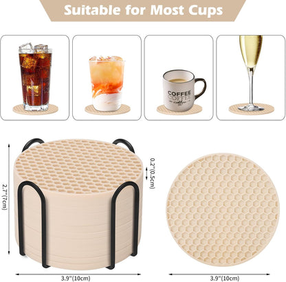 Silicone Coasters Set of 6 with Holder — Non-Slip Drink Coasters for Coffee Table, Home Bar & Kitchen, Protects Wood & Marble Surfaces from Water Rings, Dishwasher Safe (Black)