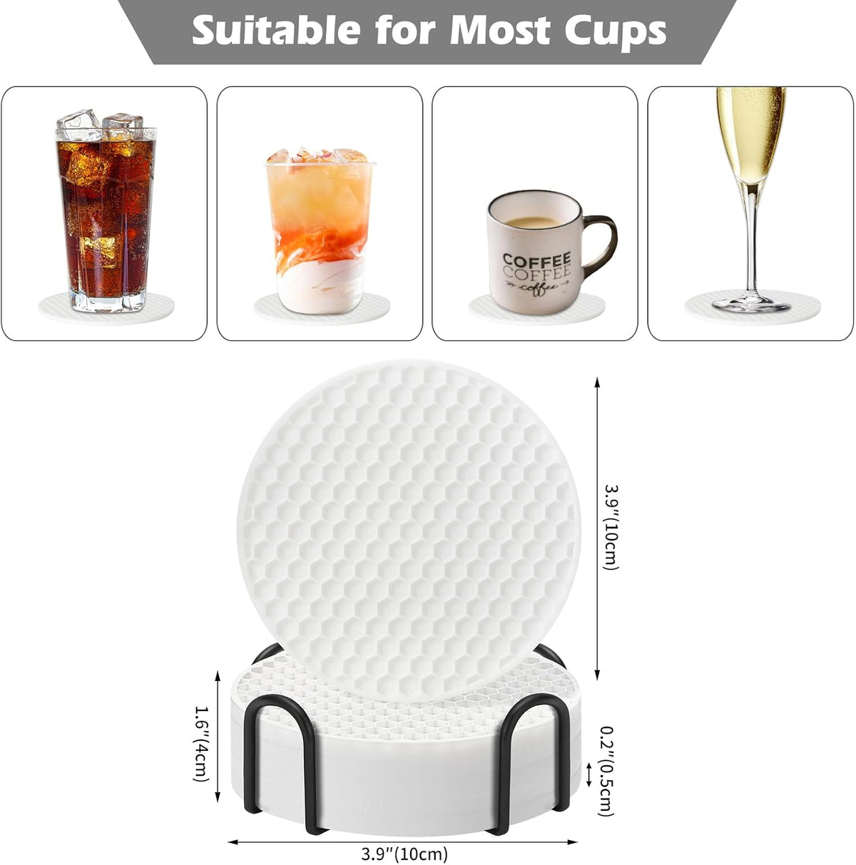 Silicone Coasters Set of 6 with Holder — Non-Slip Drink Coasters for Coffee Table, Home Bar & Kitchen, Protects Wood & Marble Surfaces from Water Rings, Dishwasher Safe (Black)