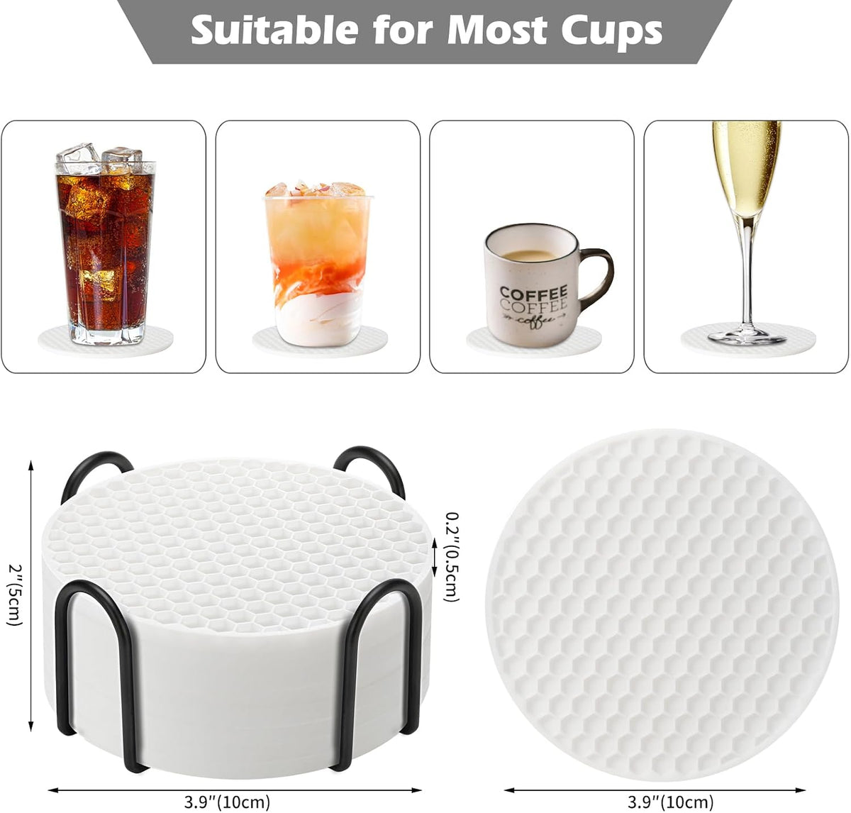 Silicone Coasters Set of 6 with Holder — Non-Slip Drink Coasters for Coffee Table, Home Bar & Kitchen, Protects Wood & Marble Surfaces from Water Rings, Dishwasher Safe (Black)