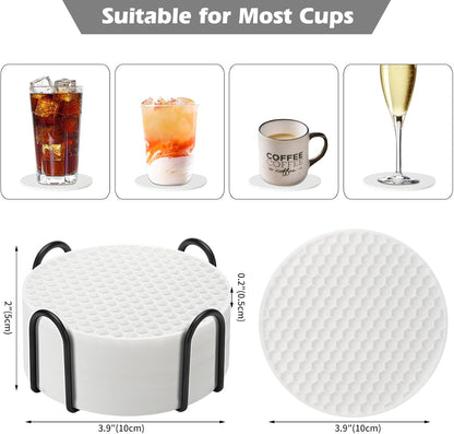 Silicone Coasters Set of 6 with Holder — Non-Slip Drink Coasters for Coffee Table, Home Bar & Kitchen, Protects Wood & Marble Surfaces from Water Rings, Dishwasher Safe (Black)