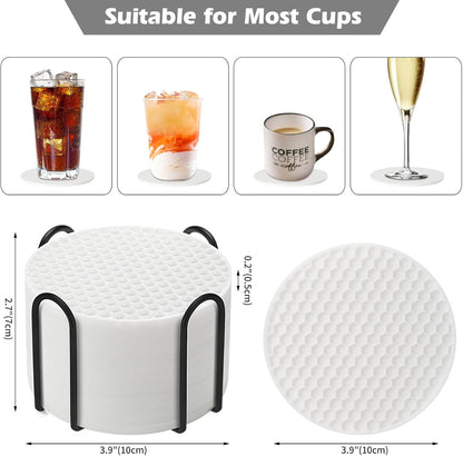 Silicone Coasters Set of 6 with Holder — Non-Slip Drink Coasters for Coffee Table, Home Bar & Kitchen, Protects Wood & Marble Surfaces from Water Rings, Dishwasher Safe (Black)