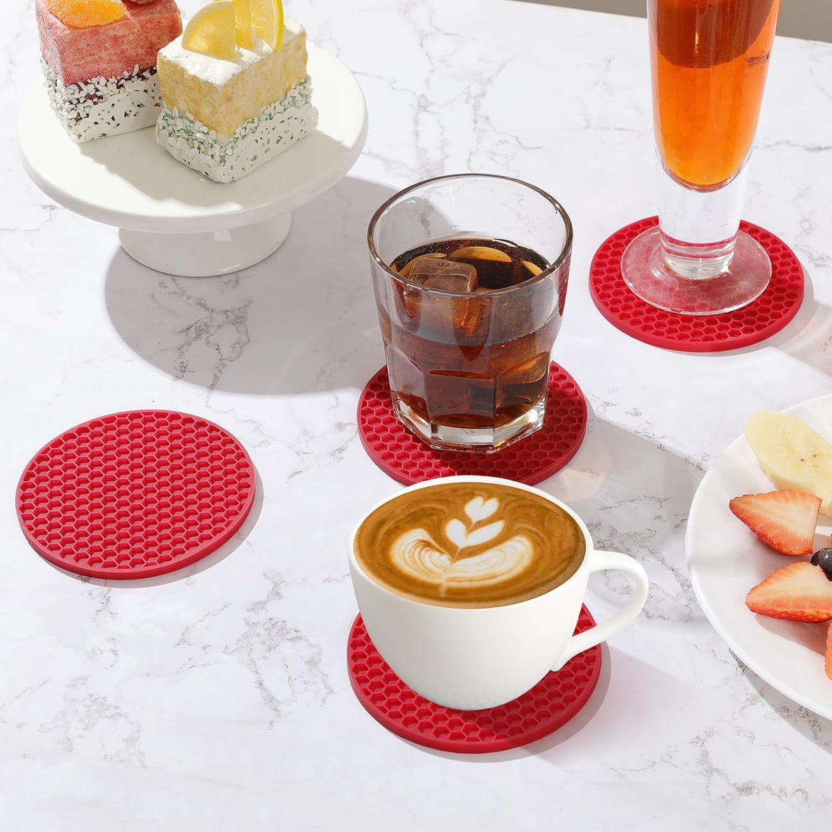 Silicone Coasters Set of 6 with Holder — Non-Slip Drink Coasters for Coffee Table, Home Bar & Kitchen, Protects Wood & Marble Surfaces from Water Rings, Dishwasher Safe (Black)