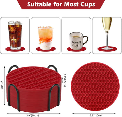Silicone Coasters Set of 6 with Holder — Non-Slip Drink Coasters for Coffee Table, Home Bar & Kitchen, Protects Wood & Marble Surfaces from Water Rings, Dishwasher Safe (Black)
