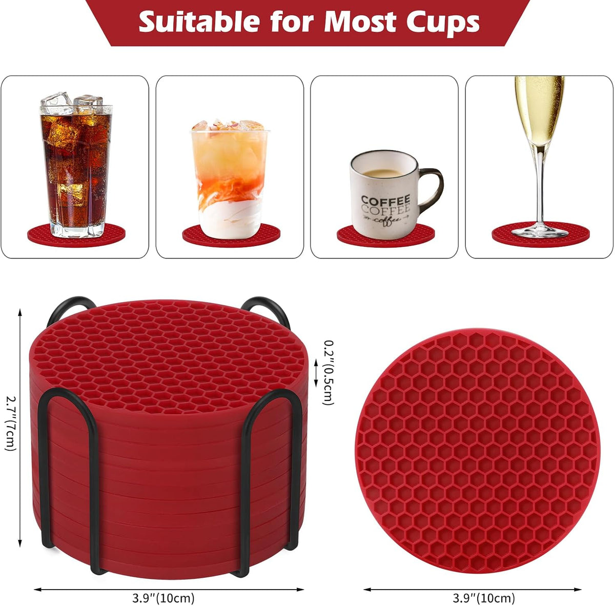 Silicone Coasters Set of 6 with Holder — Non-Slip Drink Coasters for Coffee Table, Home Bar & Kitchen, Protects Wood & Marble Surfaces from Water Rings, Dishwasher Safe (Black)