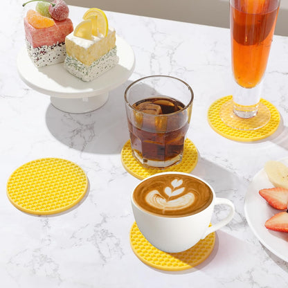 Silicone Coasters Set of 6 with Holder — Non-Slip Drink Coasters for Coffee Table, Home Bar & Kitchen, Protects Wood & Marble Surfaces from Water Rings, Dishwasher Safe (Black)