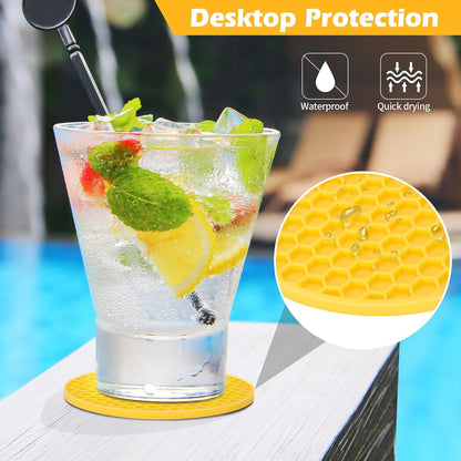 Silicone Coasters Set of 6 with Holder — Non-Slip Drink Coasters for Coffee Table, Home Bar & Kitchen, Protects Wood & Marble Surfaces from Water Rings, Dishwasher Safe (Black)