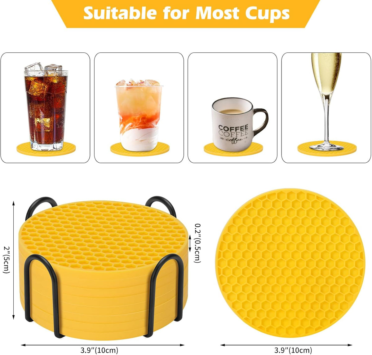 Silicone Coasters Set of 6 with Holder — Non-Slip Drink Coasters for Coffee Table, Home Bar & Kitchen, Protects Wood & Marble Surfaces from Water Rings, Dishwasher Safe (Black)