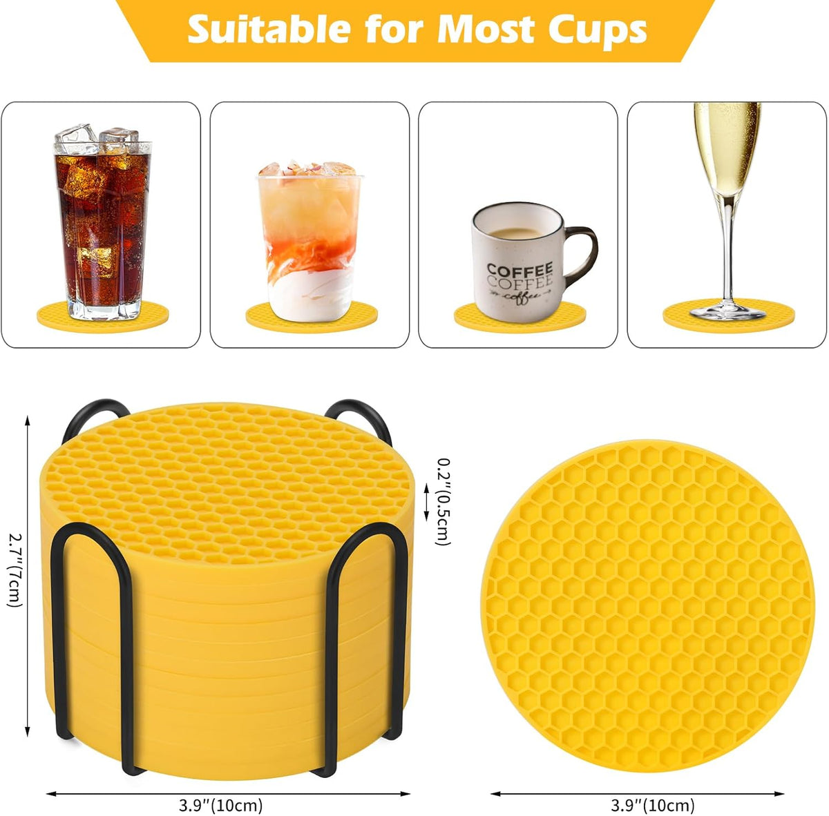 Silicone Coasters Set of 6 with Holder — Non-Slip Drink Coasters for Coffee Table, Home Bar & Kitchen, Protects Wood & Marble Surfaces from Water Rings, Dishwasher Safe (Black)