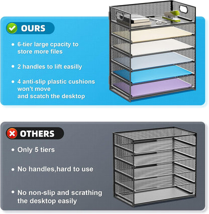 6 Tier Paper Organizer Letter Tray - Mesh Desk File Organizer with Handle, Paper Sorter Organizer for Letter/A4 Office File Folder Holder - Black
