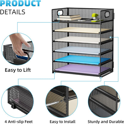 6 Tier Paper Organizer Letter Tray - Mesh Desk File Organizer with Handle, Paper Sorter Organizer for Letter/A4 Office File Folder Holder - Black