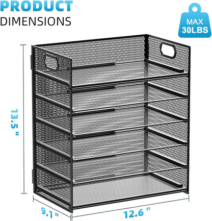 6 Tier Paper Organizer Letter Tray - Mesh Desk File Organizer with Handle, Paper Sorter Organizer for Letter/A4 Office File Folder Holder - Black