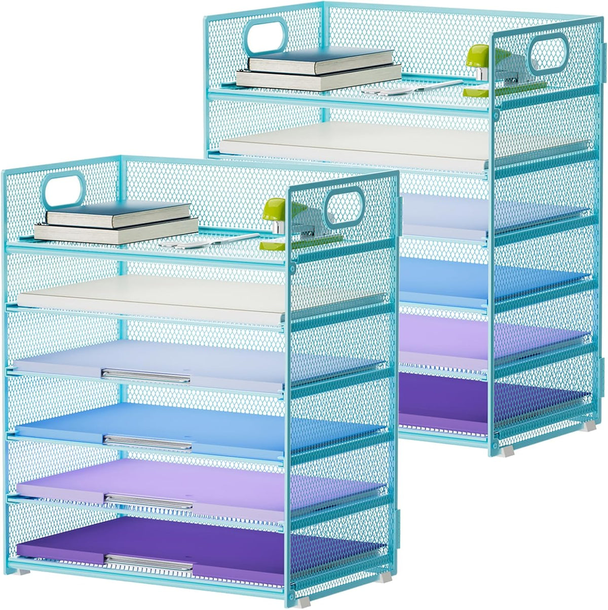6 Tier Paper Organizer Letter Tray - Mesh Desk File Organizer with Handle, Paper Sorter Organizer for Letter/A4 Office File Folder Holder - Black
