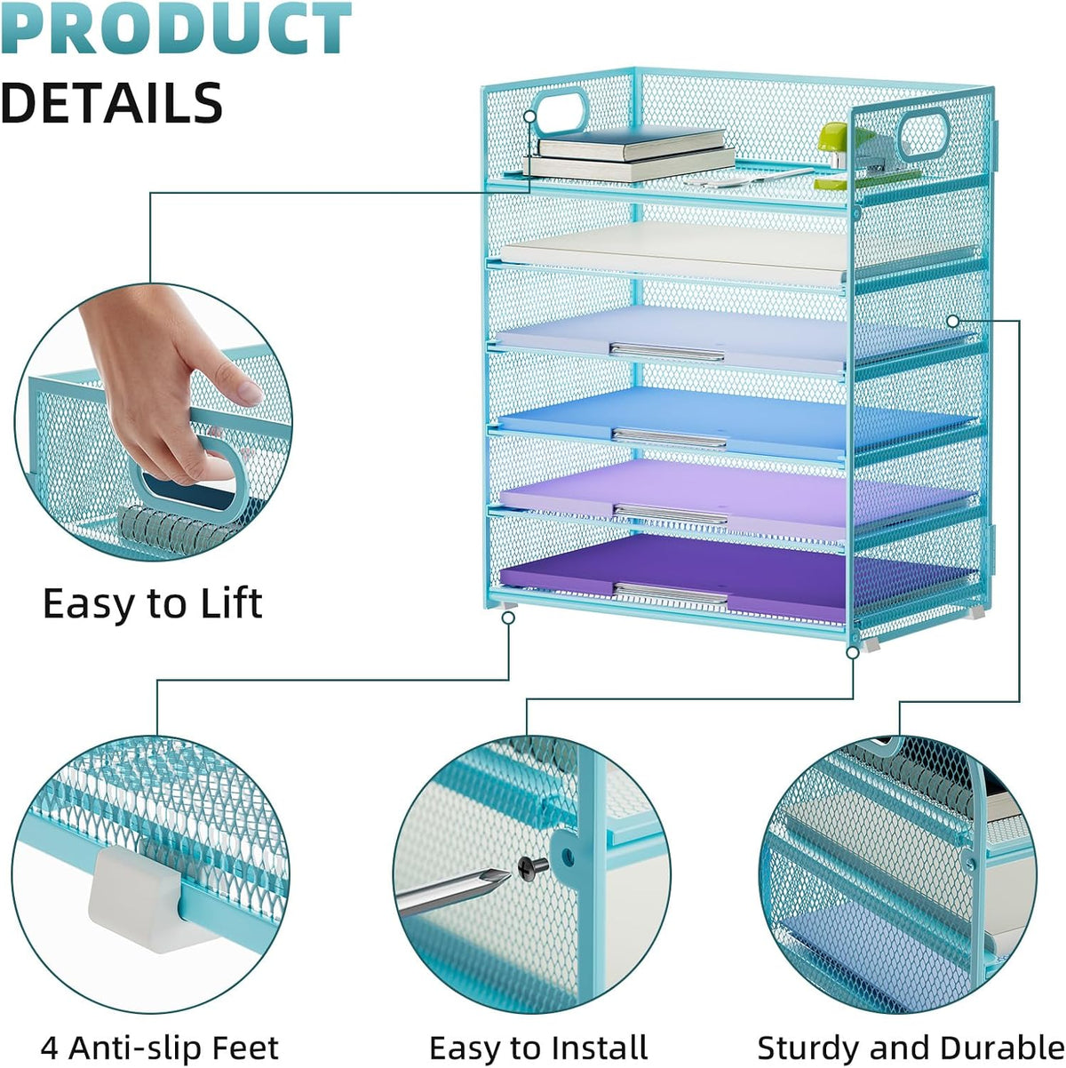 6 Tier Paper Organizer Letter Tray - Mesh Desk File Organizer with Handle, Paper Sorter Organizer for Letter/A4 Office File Folder Holder - Black