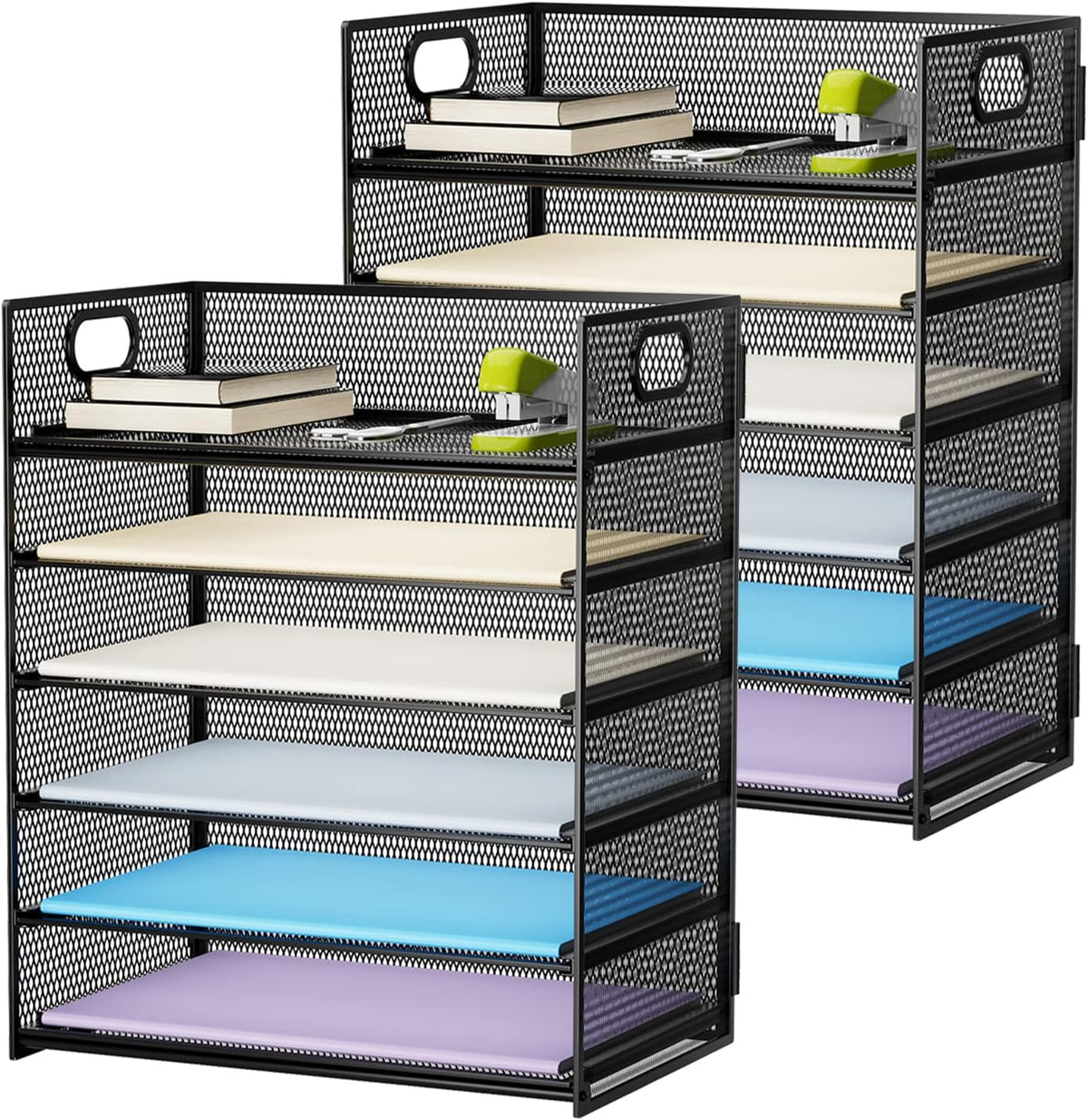 6 Tier Paper Organizer Letter Tray - Mesh Desk File Organizer with Handle, Paper Sorter Organizer for Letter/A4 Office File Folder Holder - Black