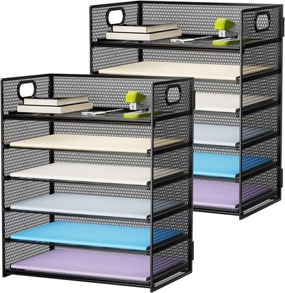 6 Tier Paper Organizer Letter Tray - Mesh Desk File Organizer with Handle, Paper Sorter Organizer for Letter/A4 Office File Folder Holder - Black