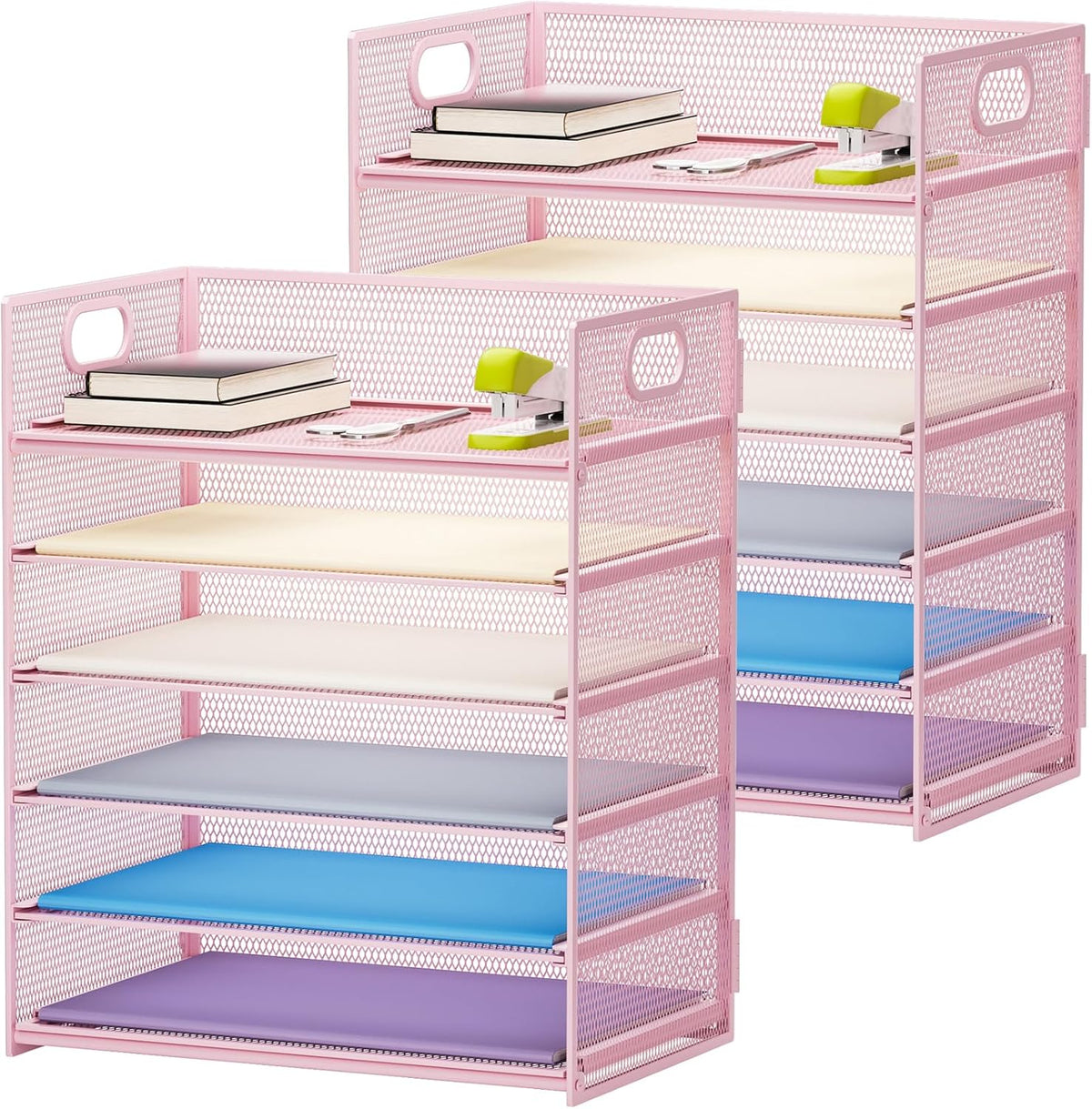 6 Tier Paper Organizer Letter Tray - Mesh Desk File Organizer with Handle, Paper Sorter Organizer for Letter/A4 Office File Folder Holder - Black