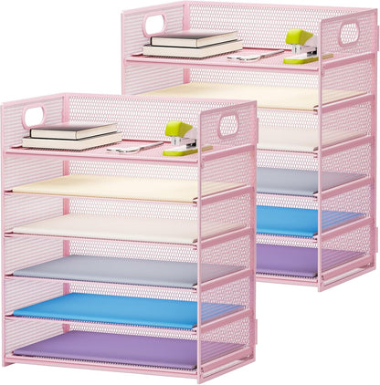 6 Tier Paper Organizer Letter Tray - Mesh Desk File Organizer with Handle, Paper Sorter Organizer for Letter/A4 Office File Folder Holder - Black