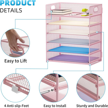 6 Tier Paper Organizer Letter Tray - Mesh Desk File Organizer with Handle, Paper Sorter Organizer for Letter/A4 Office File Folder Holder - Black