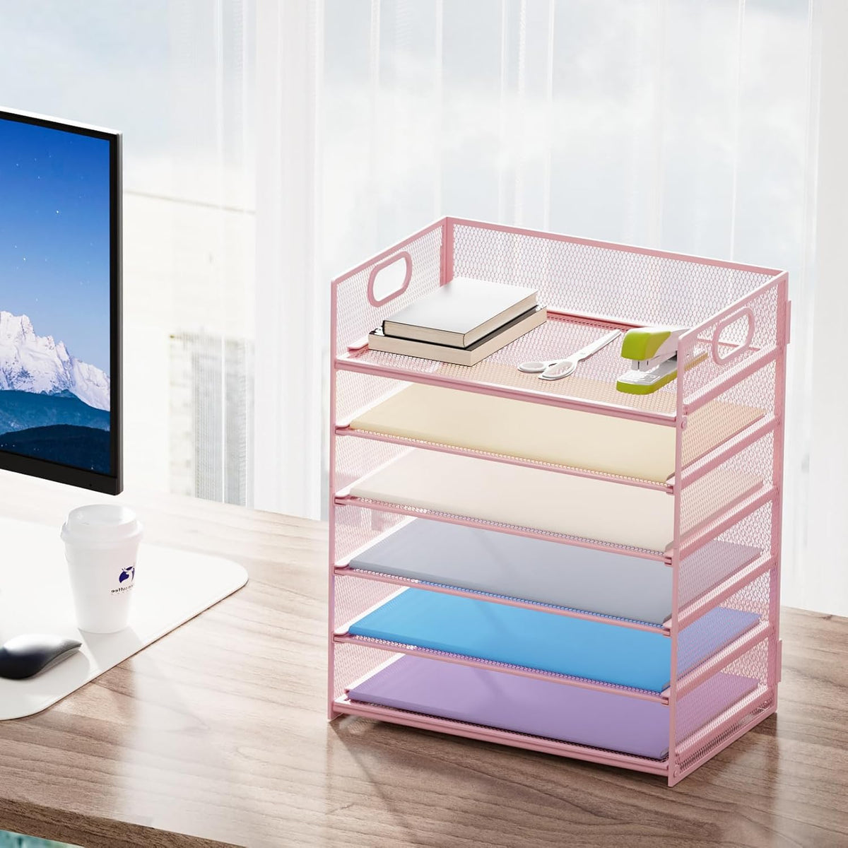 6 Tier Paper Organizer Letter Tray - Mesh Desk File Organizer with Handle, Paper Sorter Organizer for Letter/A4 Office File Folder Holder - Black