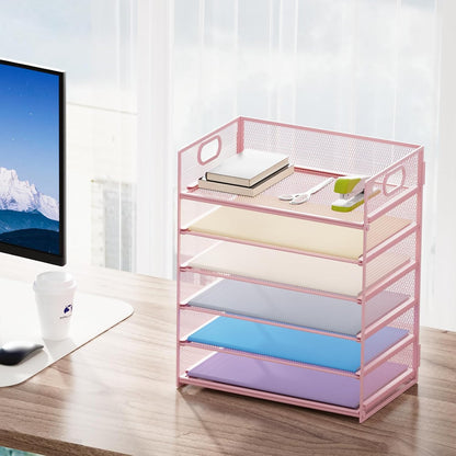 6 Tier Paper Organizer Letter Tray - Mesh Desk File Organizer with Handle, Paper Sorter Organizer for Letter/A4 Office File Folder Holder - Black