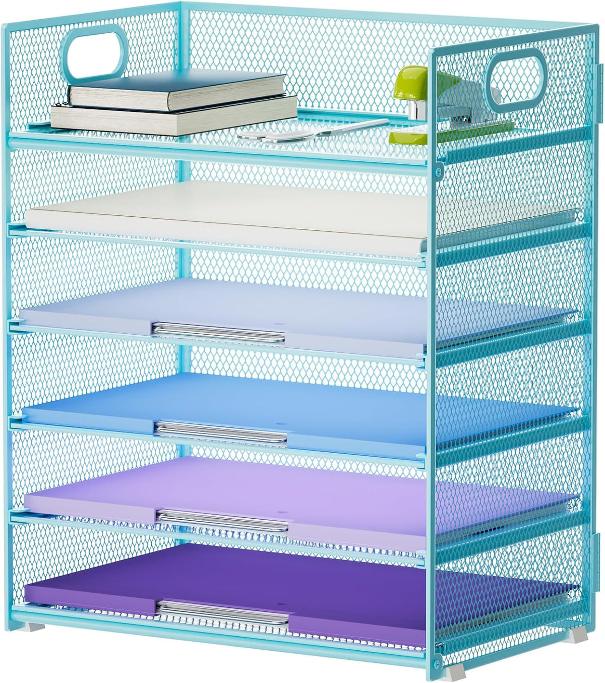 6 Tier Paper Organizer Letter Tray - Mesh Desk File Organizer with Handle, Paper Sorter Organizer for Letter/A4 Office File Folder Holder - Black
