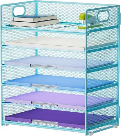 6 Tier Paper Organizer Letter Tray - Mesh Desk File Organizer with Handle, Paper Sorter Organizer for Letter/A4 Office File Folder Holder - Black