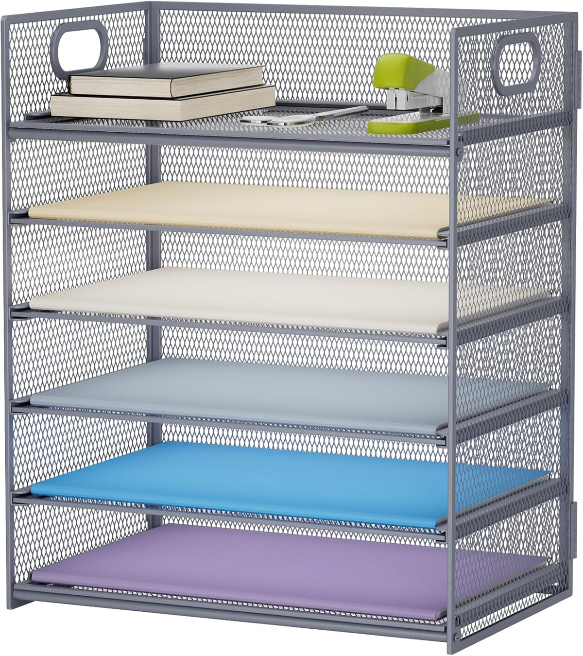 6 Tier Paper Organizer Letter Tray - Mesh Desk File Organizer with Handle, Paper Sorter Organizer for Letter/A4 Office File Folder Holder - Black