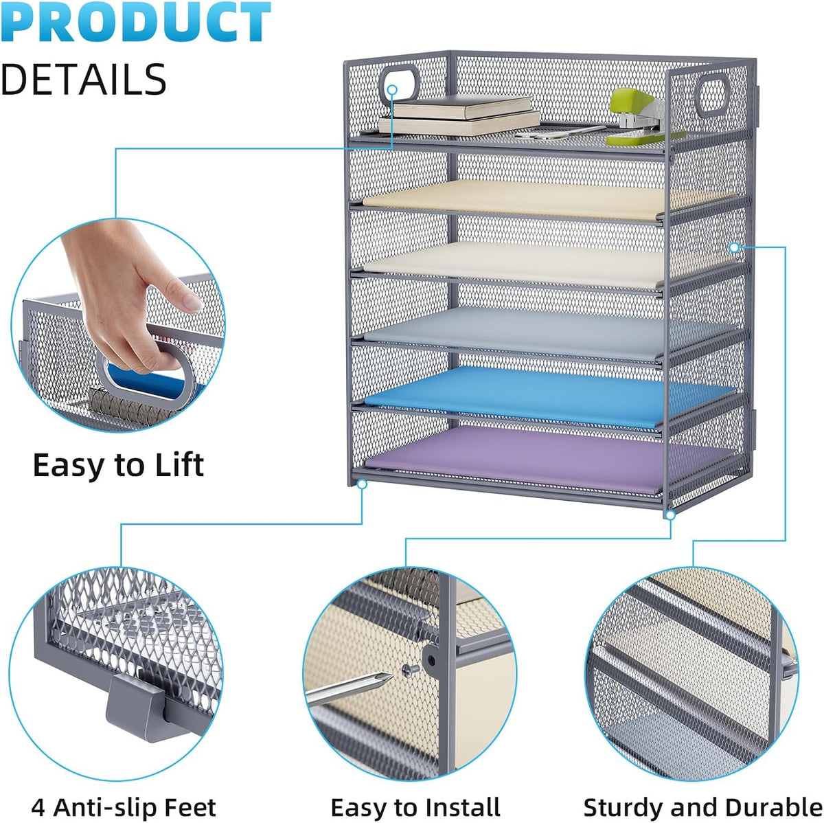 6 Tier Paper Organizer Letter Tray - Mesh Desk File Organizer with Handle, Paper Sorter Organizer for Letter/A4 Office File Folder Holder - Black