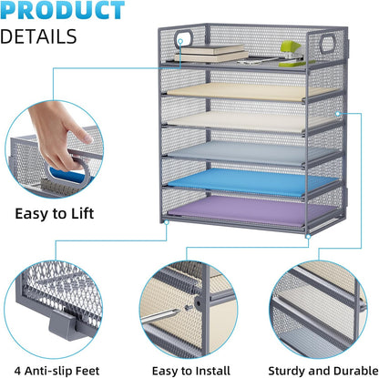 6 Tier Paper Organizer Letter Tray - Mesh Desk File Organizer with Handle, Paper Sorter Organizer for Letter/A4 Office File Folder Holder - Black