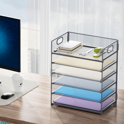 6 Tier Paper Organizer Letter Tray - Mesh Desk File Organizer with Handle, Paper Sorter Organizer for Letter/A4 Office File Folder Holder - Black