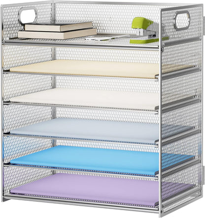 6 Tier Paper Organizer Letter Tray - Mesh Desk File Organizer with Handle, Paper Sorter Organizer for Letter/A4 Office File Folder Holder - Black