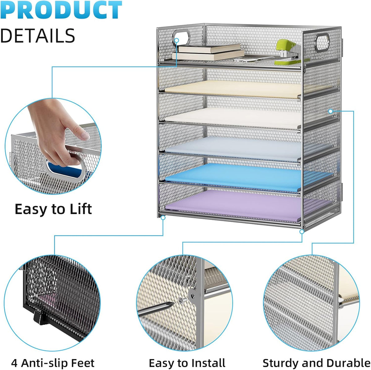 6 Tier Paper Organizer Letter Tray - Mesh Desk File Organizer with Handle, Paper Sorter Organizer for Letter/A4 Office File Folder Holder - Black