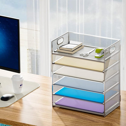 6 Tier Paper Organizer Letter Tray - Mesh Desk File Organizer with Handle, Paper Sorter Organizer for Letter/A4 Office File Folder Holder - Black