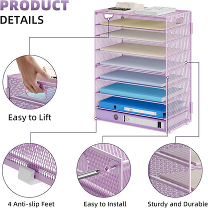 6 Tier Paper Organizer Letter Tray - Mesh Desk File Organizer with Handle, Paper Sorter Organizer for Letter/A4 Office File Folder Holder - Black
