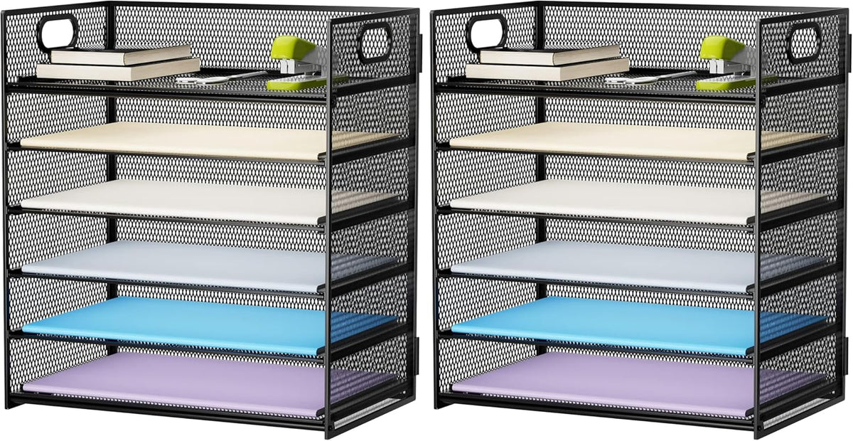 6 Tier Paper Organizer Letter Tray - Mesh Desk File Organizer with Handle, Paper Sorter Organizer for Letter/A4 Office File Folder Holder - Black