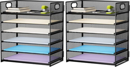 6 Tier Paper Organizer Letter Tray - Mesh Desk File Organizer with Handle, Paper Sorter Organizer for Letter/A4 Office File Folder Holder - Black