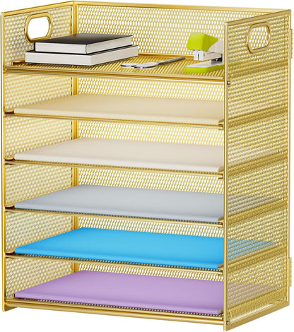 6 Tier Paper Organizer Letter Tray - Mesh Desk File Organizer with Handle, Paper Sorter Organizer for Letter/A4 Office File Folder Holder - Black
