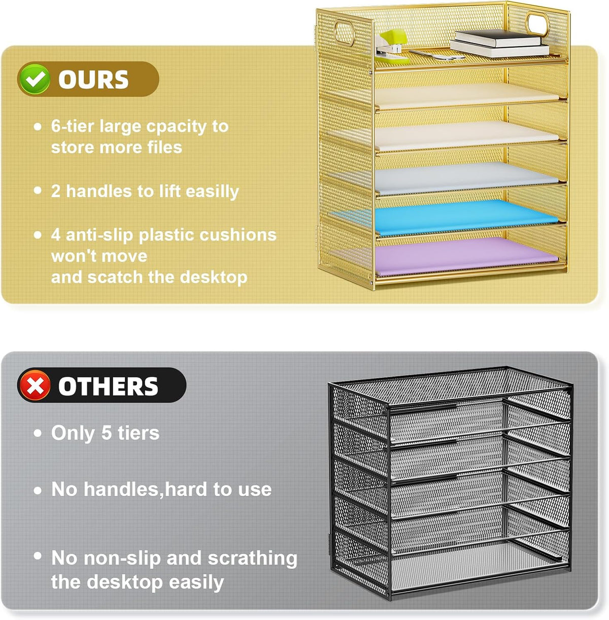6 Tier Paper Organizer Letter Tray - Mesh Desk File Organizer with Handle, Paper Sorter Organizer for Letter/A4 Office File Folder Holder - Black