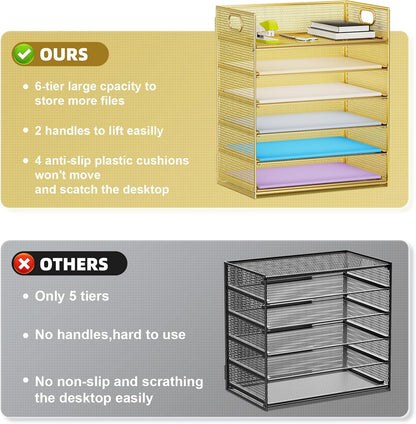 6 Tier Paper Organizer Letter Tray - Mesh Desk File Organizer with Handle, Paper Sorter Organizer for Letter/A4 Office File Folder Holder - Black