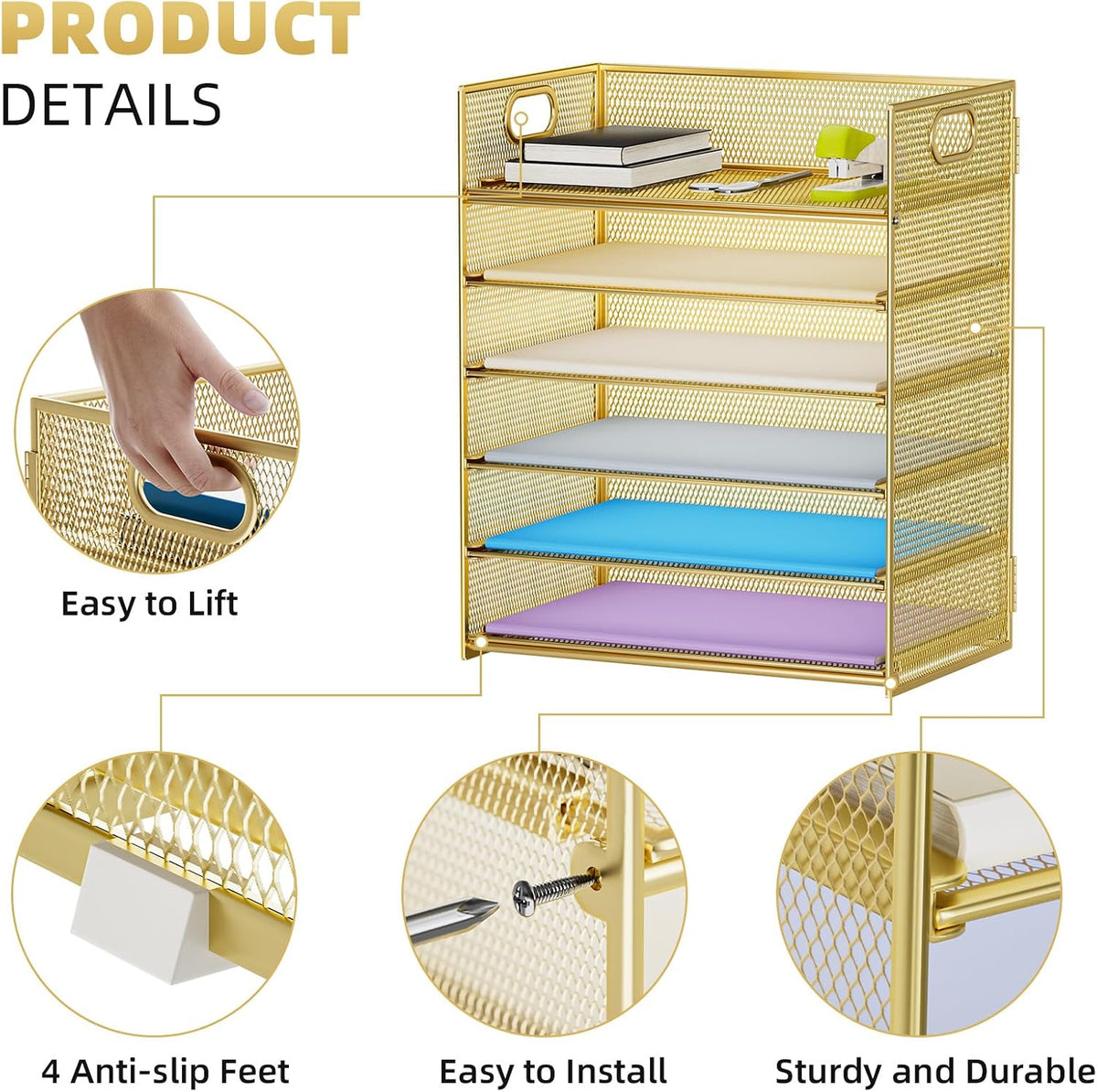 6 Tier Paper Organizer Letter Tray - Mesh Desk File Organizer with Handle, Paper Sorter Organizer for Letter/A4 Office File Folder Holder - Black