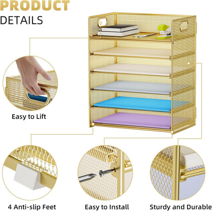 6 Tier Paper Organizer Letter Tray - Mesh Desk File Organizer with Handle, Paper Sorter Organizer for Letter/A4 Office File Folder Holder - Black